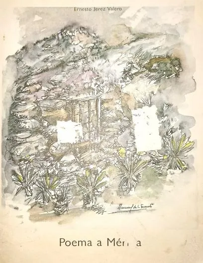 Portada del «Poema a Mérida», de Ernesto Jerez Valero, con una acuarela de una casa de piedra entre frailejones.