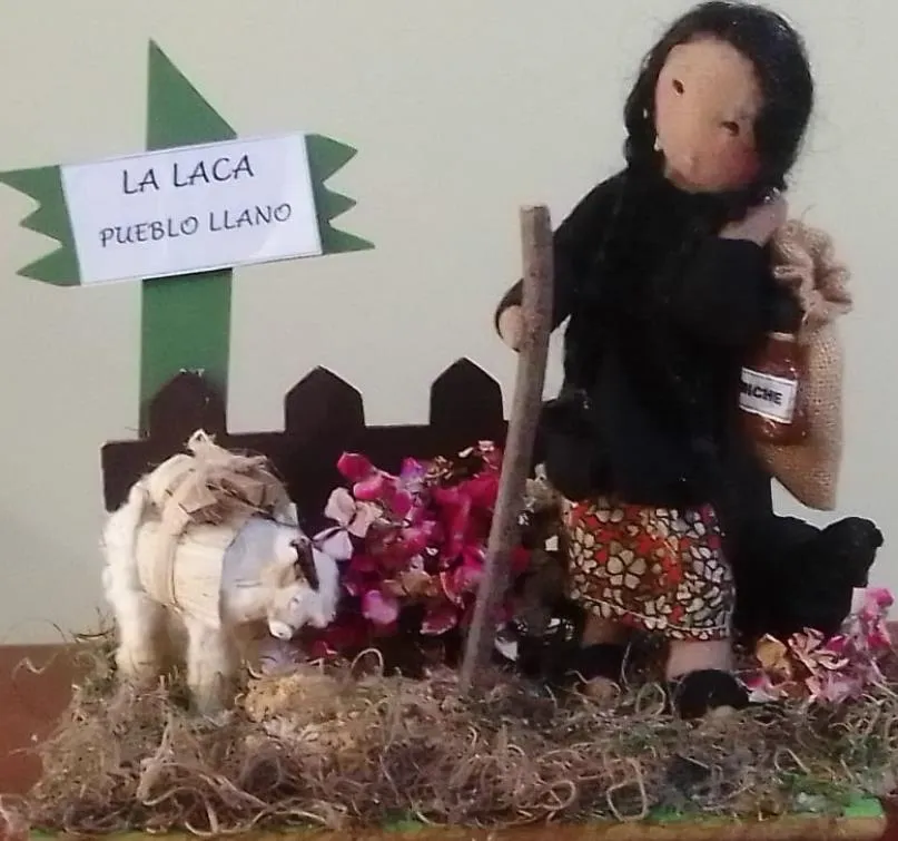 La Laca en una figura artesanal con el letrero «La Laca · Pueblo Llano»: su bastón, su botella y sus animales del páramo.