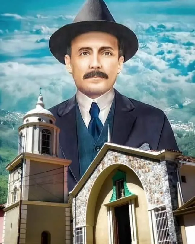 Ilustración de José Gregorio Hernández ante un templo de torre blanca, con el cielo y las nubes de fondo.