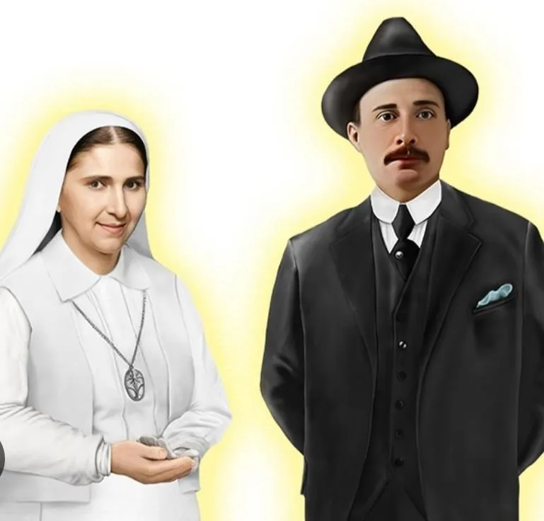 Ilustración de la Madre Carmen Rendiles, con hábito blanco, y del Dr. José Gregorio Hernández, de traje negro y sombrero.