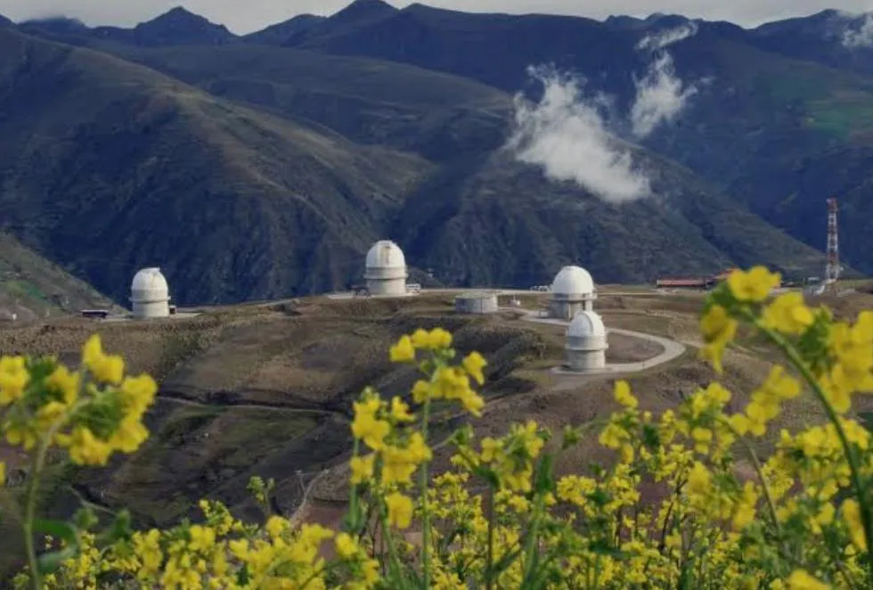 Las cúpulas del Observatorio Astronómico Nacional de Llano El Hato, entre las montañas del páramo, con los frailejones y las flores amarillas en primer plano.