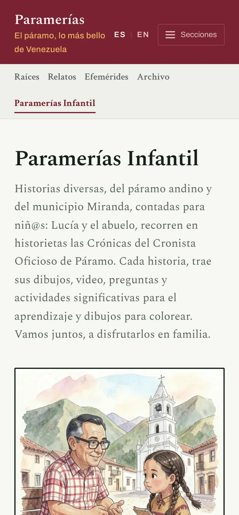 La sección Paramerías Infantil de paramerias.com (antes «Para niñ@s»), vista en el teléfono, con la presentación escrita por el cronista.