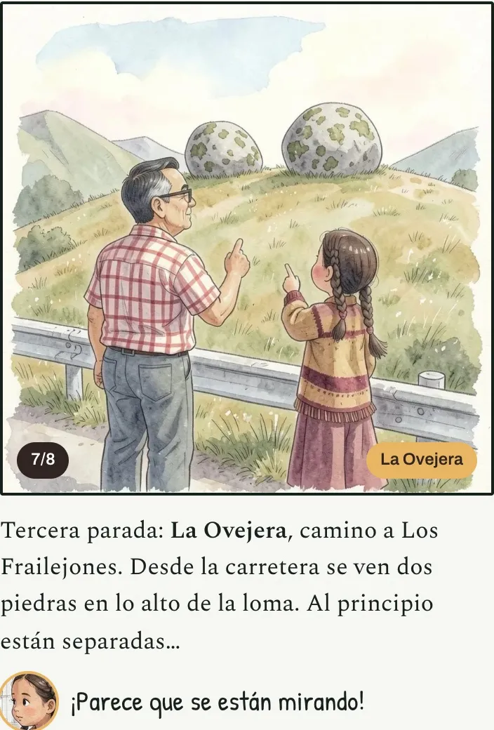 Lucía y el abuelo miran las dos piedras en lo alto de la loma.