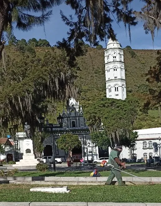 La Plaza Bolívar de Timotes, con la torre de la basílica de Santa Lucía asomando sobre los árboles.