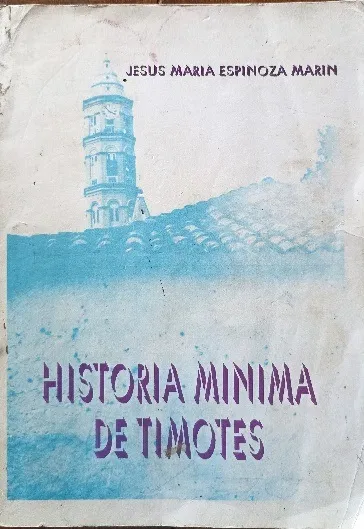 Tapa de «Historia Mínima de Timotes», primera edición de 1993: la torre del reloj sobre un fondo azul degradado.