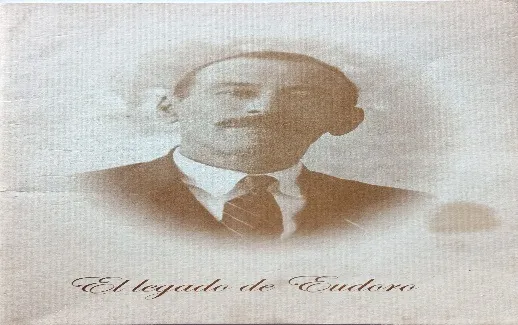 Tapa de «El legado de Eudoro», con el retrato en sepia de un hombre joven de traje y el título en cursiva.