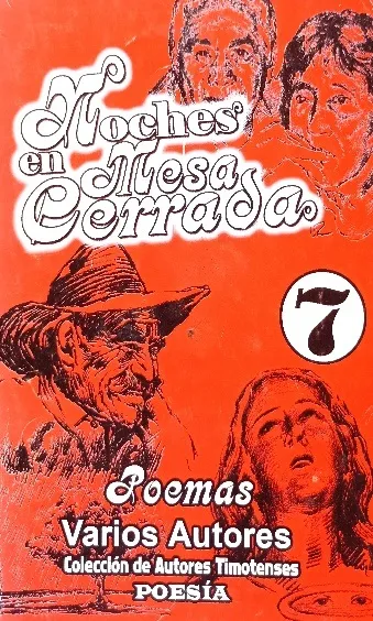 Tapa de «Noches en Mesa Cerrada», poemas de varios autores de la Colección de Autores Timotenses, con dibujos de figuras sobre fondo rojo.