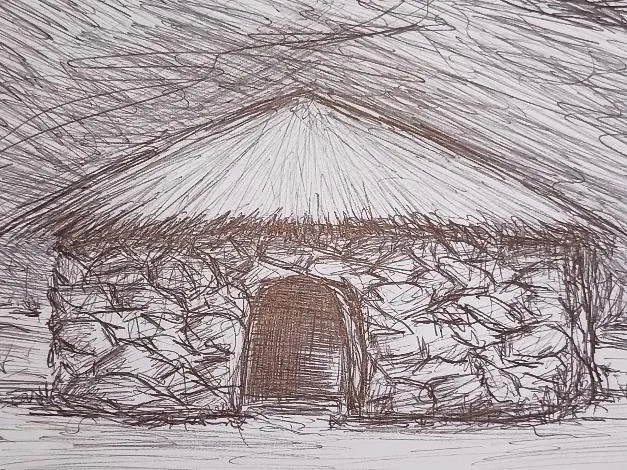 Dibujo de una vivienda de piedra con techo de pajas.