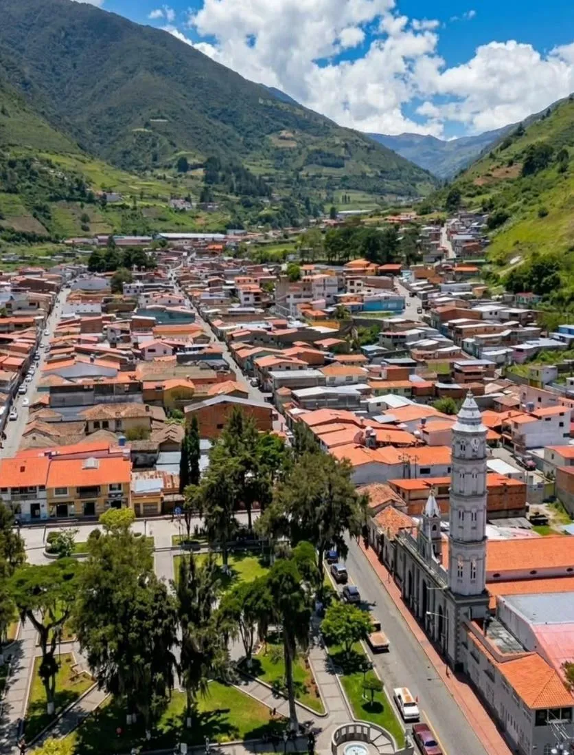 Timotes desde el aire: los techos de teja, la plaza arbolada y la torre de la iglesia.
