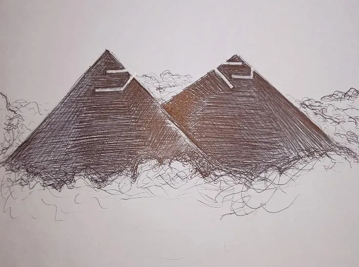 Dibujo a tinta de dos cerros en forma de pirámide, que acompaña en la crónica el pasaje de los andenes y los silos.