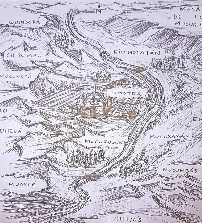 Dibujo a tinta del valle con el río Motatán y Timotes al centro; alrededor, los nombres de las familias ancestrales: Quindorá, Chiquimpú, Mucuyupú, Chicuá, Muarcé, Mucuxamán, Mucumbás, Mucurujún, Chijós y la Mesa de los Mucuguá.