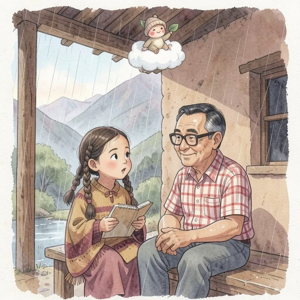 Una tarde de lluvia, Lucía y su abuelo están sentados bajo el alero de una casa de adobe; un Mucujoe se resguarda bajo una hoja.