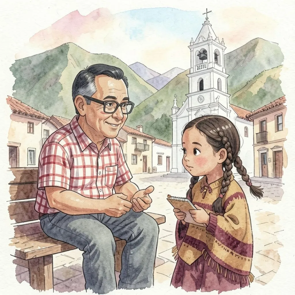 Lucía, con su ruana y su libreta, conversa con su abuelo en un banco de la plaza de Timotes, frente a la torre blanca de la iglesia.