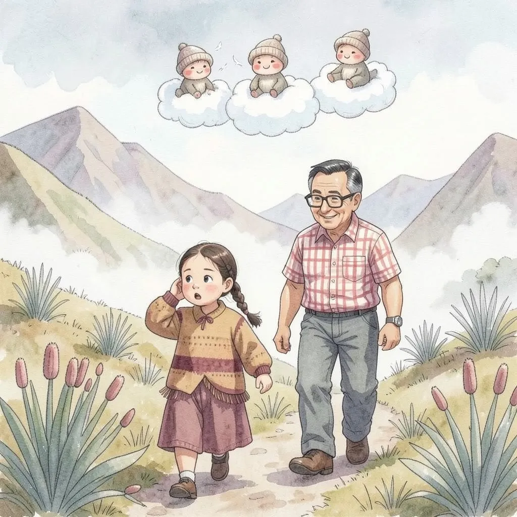 Lucía y su abuelo caminan por el páramo entre la neblina; ella se lleva la mano a la oreja, sorprendida, y arriba tres Mucujoes se asoman en sus nubecitas.