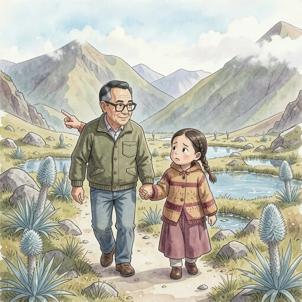 Lucía y su abuelo caminan de la mano por un sendero del páramo, entre frailejones y lagunas.
