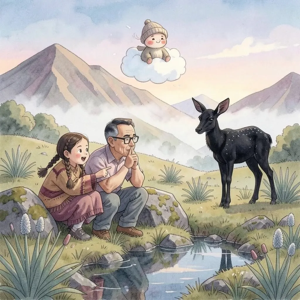 Al atardecer, Lucía y su abuelo se agachan detrás de una roca junto a un manantial; ella señala un venado negro y él le pide silencio.