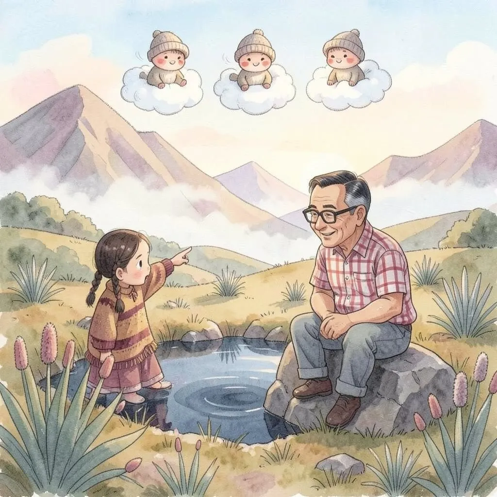 Al amanecer, Lucía y su abuelo junto a una laguna del páramo; sobre ellos, tres Mucujoes en sus nubecitas.