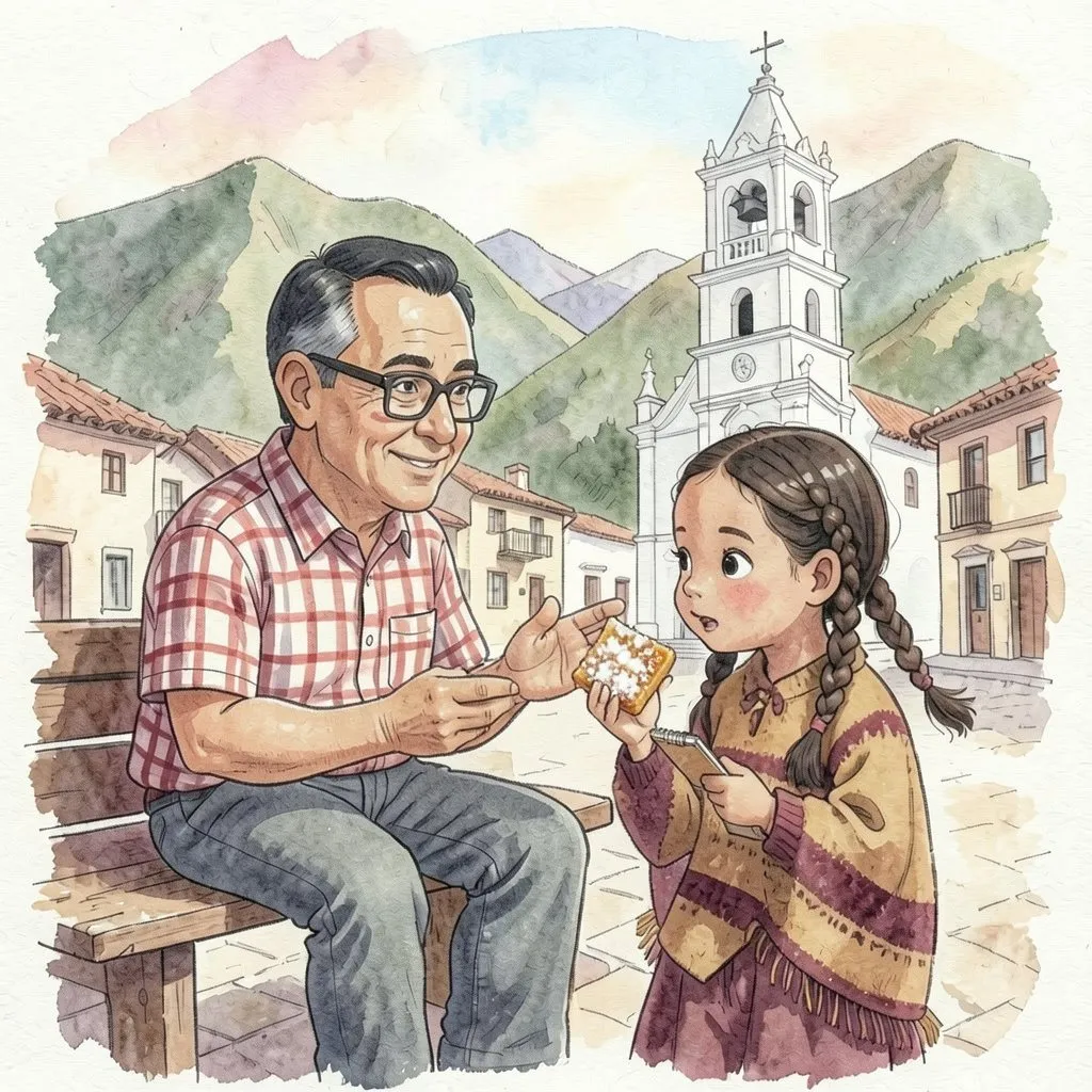 En la plaza de Timotes, Lucía mira con curiosidad una tableta de cidra mientras su abuelo le explica.