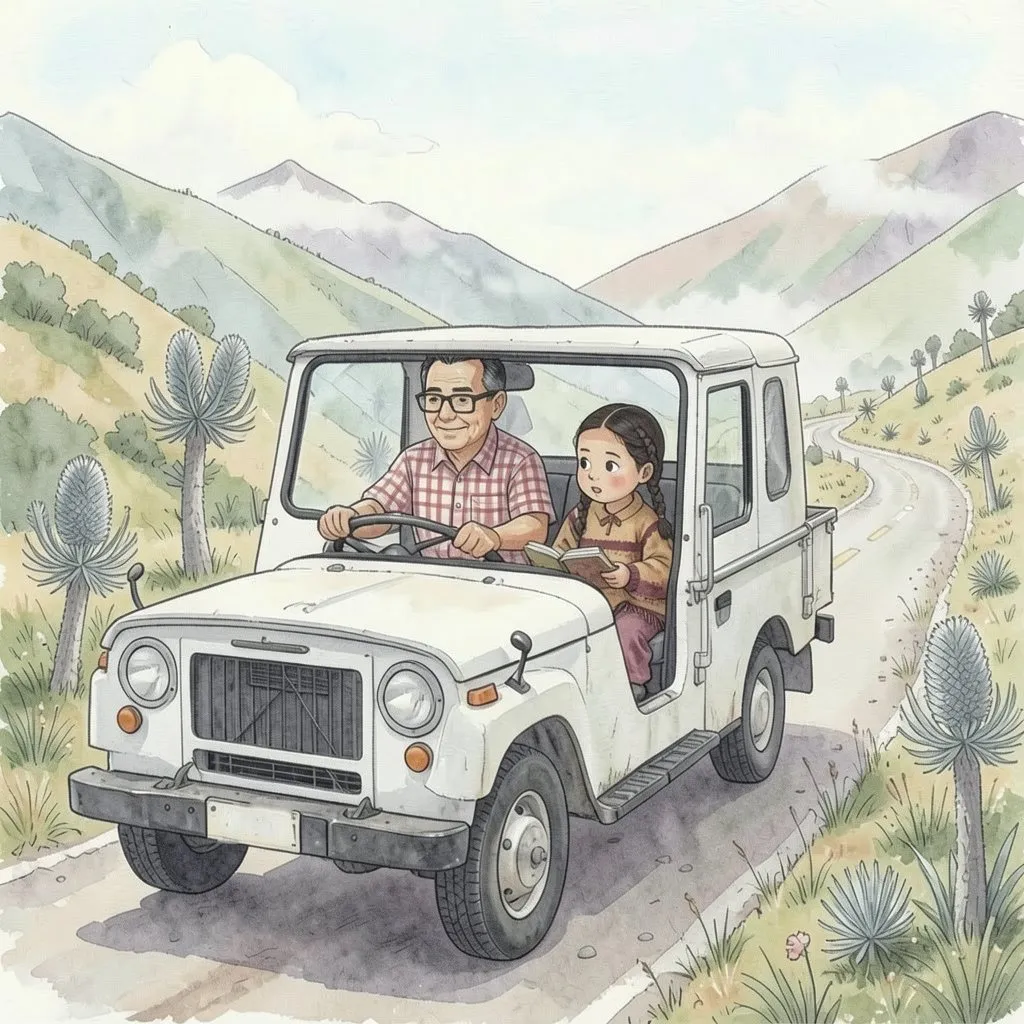 Lucía y su abuelo suben en un jeep por la carretera del páramo; ella lleva un libro abierto en las piernas.