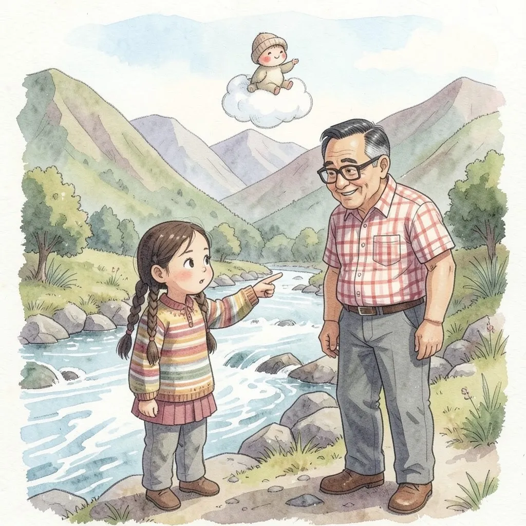 Lucía y su abuelo a la orilla del río Motatán, de aguas blancas y rápidas; ella señala el río y un Mucujoe se asoma en su nubecita.