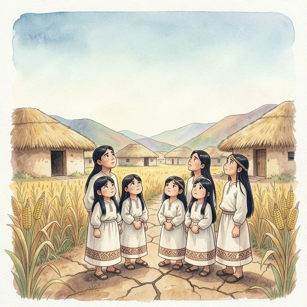 Un pueblo antiguo de bohíos con techo de paja, campos de maíz secos y tierra agrietada; una familia timote mira el cielo sin nubes, preocupada.