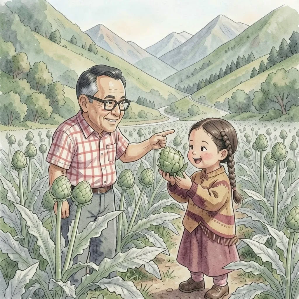 Junto a un sembradío de alcachofas, Lucía sostiene una alcachofa grande y el abuelo señala el campo.