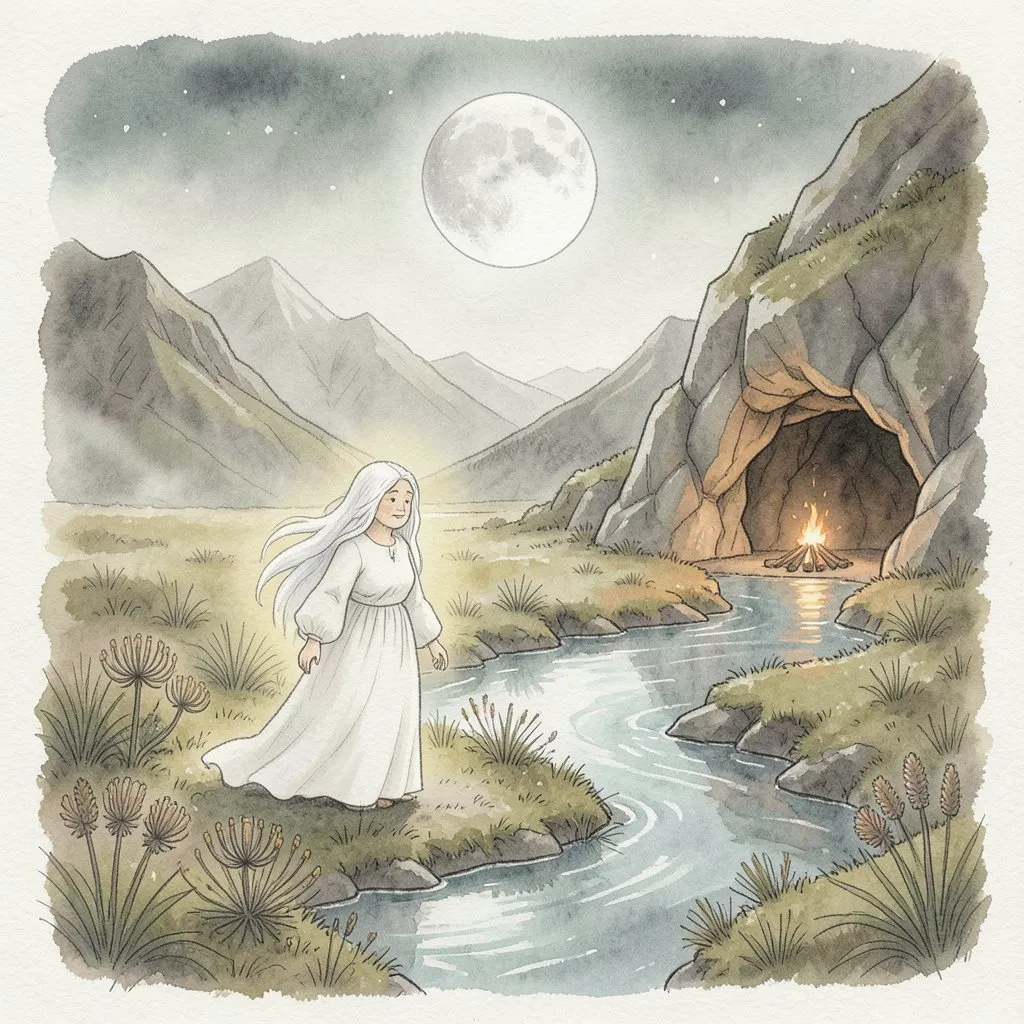 De noche, bajo la luna, una figura blanca de anciana flota junto a una quebrada; a lo lejos brilla una fogata en una cueva.