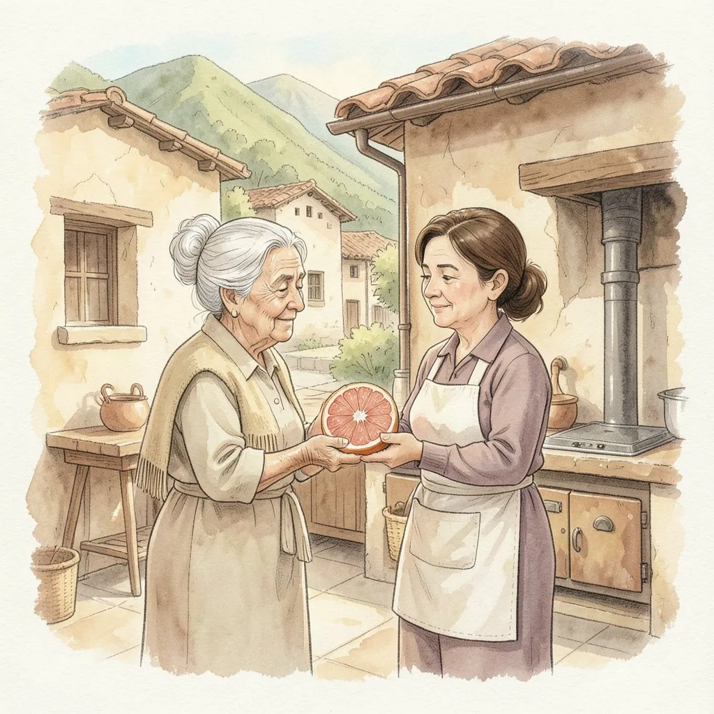 En una cocina antigua, una anciana de cabello blanco le muestra una toronja a una señora con delantal.