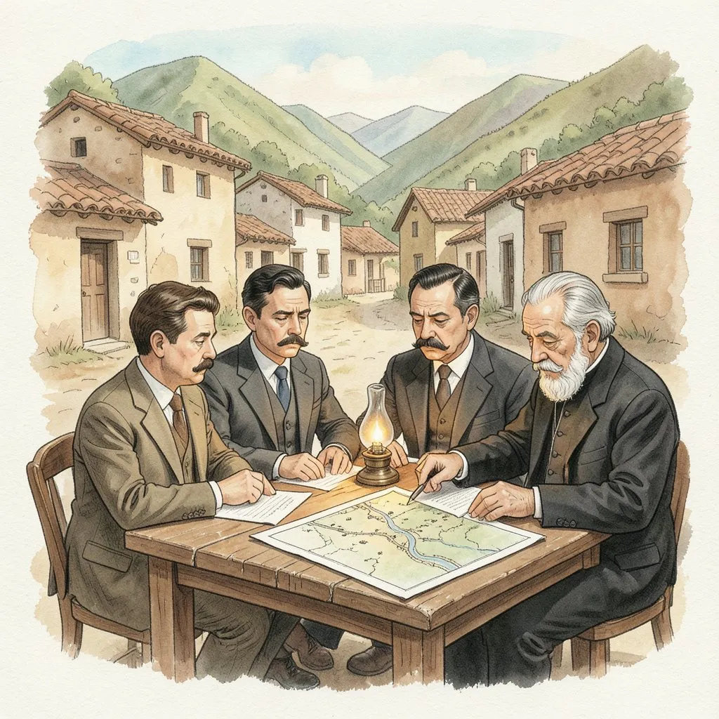 Unos señores de traje y un sacerdote planifican alrededor de una mesa con un mapa y una lámpara de aceite.