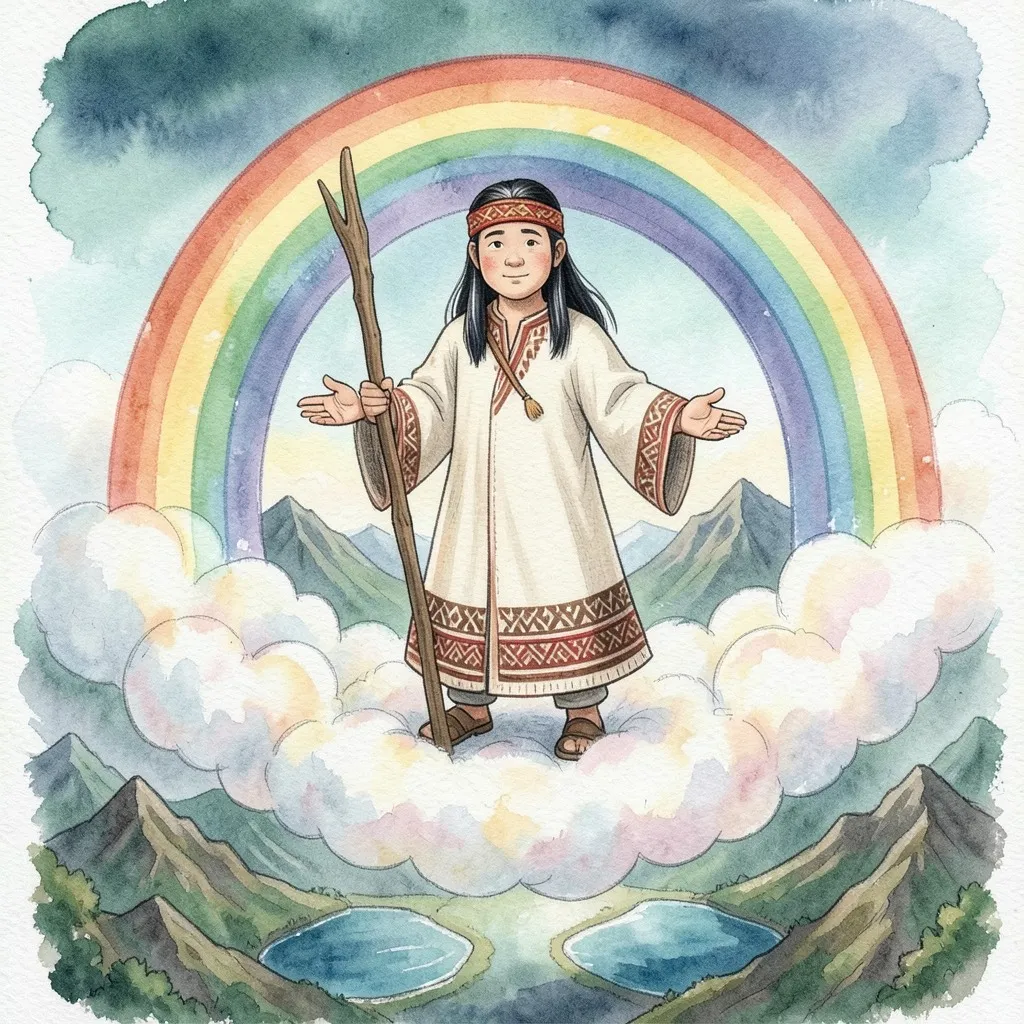 Stimots, sabio cacique de bastón, viaja de pie sobre una nube de colores bajo un arco iris, sobre montañas y lagunas.