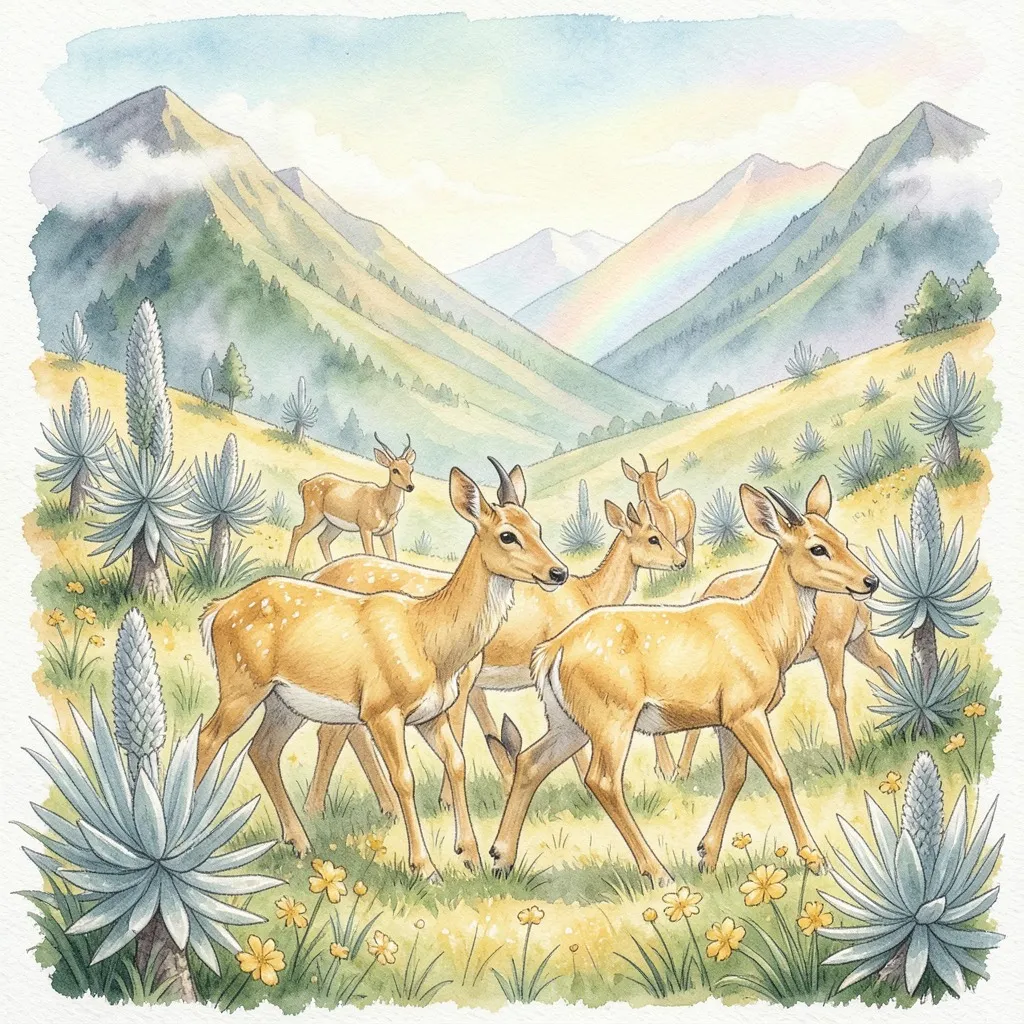 En el páramo soleado, una manada de venados dorados corre y come entre flores doradas.