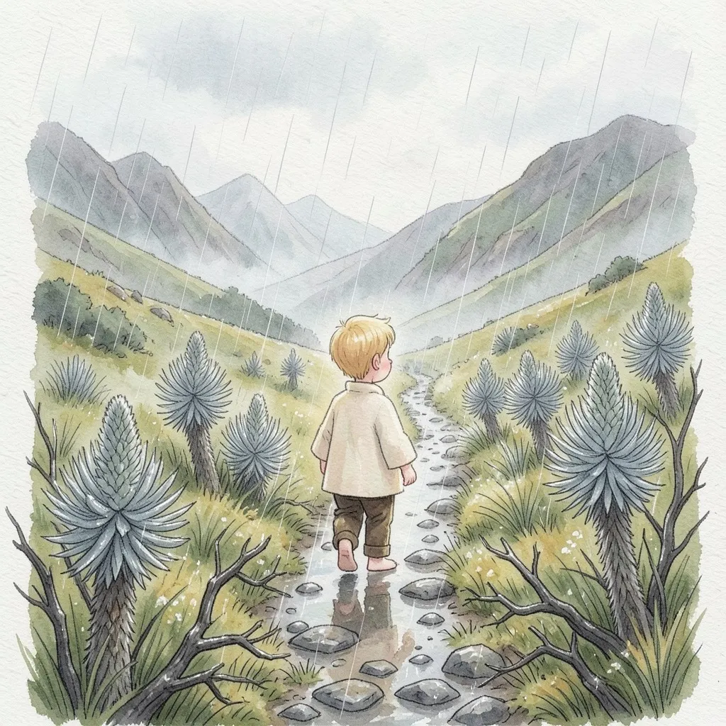 Un niño pequeño y rubio baja solo por un camino de piedras del páramo, entre la lluvia y la neblina.