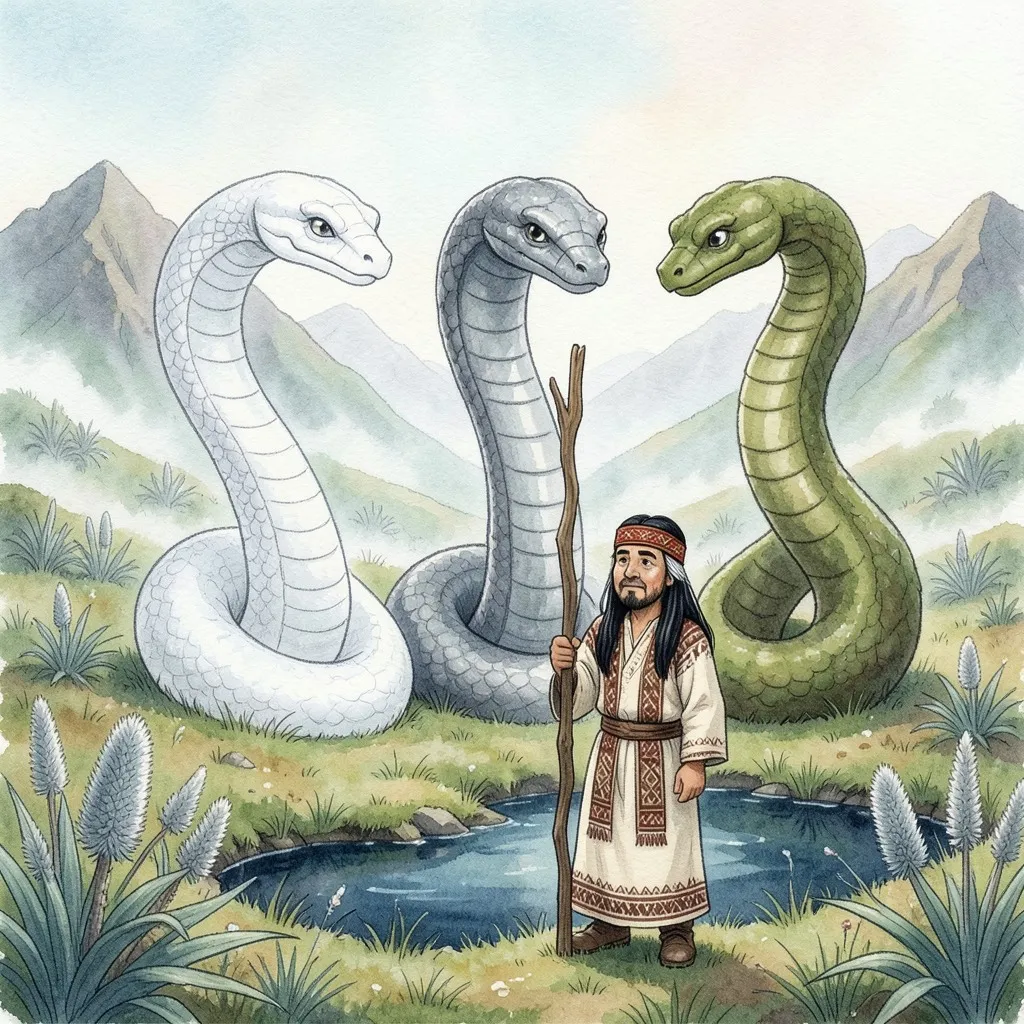 Junto a una laguna del páramo se alzan tres serpientes gigantes, una blanca, una gris y una verde; Stimots las mira con respeto.