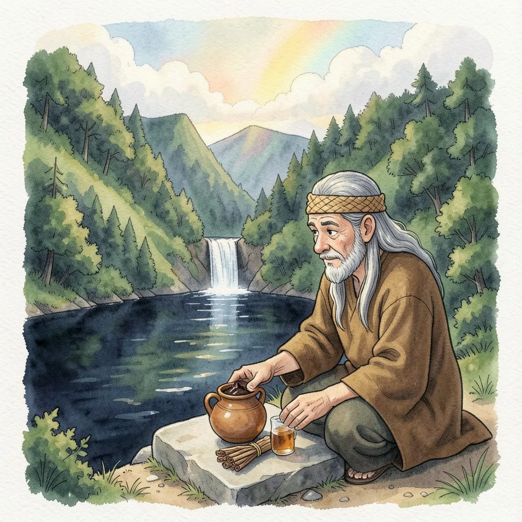 A la orilla de una laguna oscura, el Gran Piache deja sobre una piedra una tapara con chimó, aguardiente y tabaco.