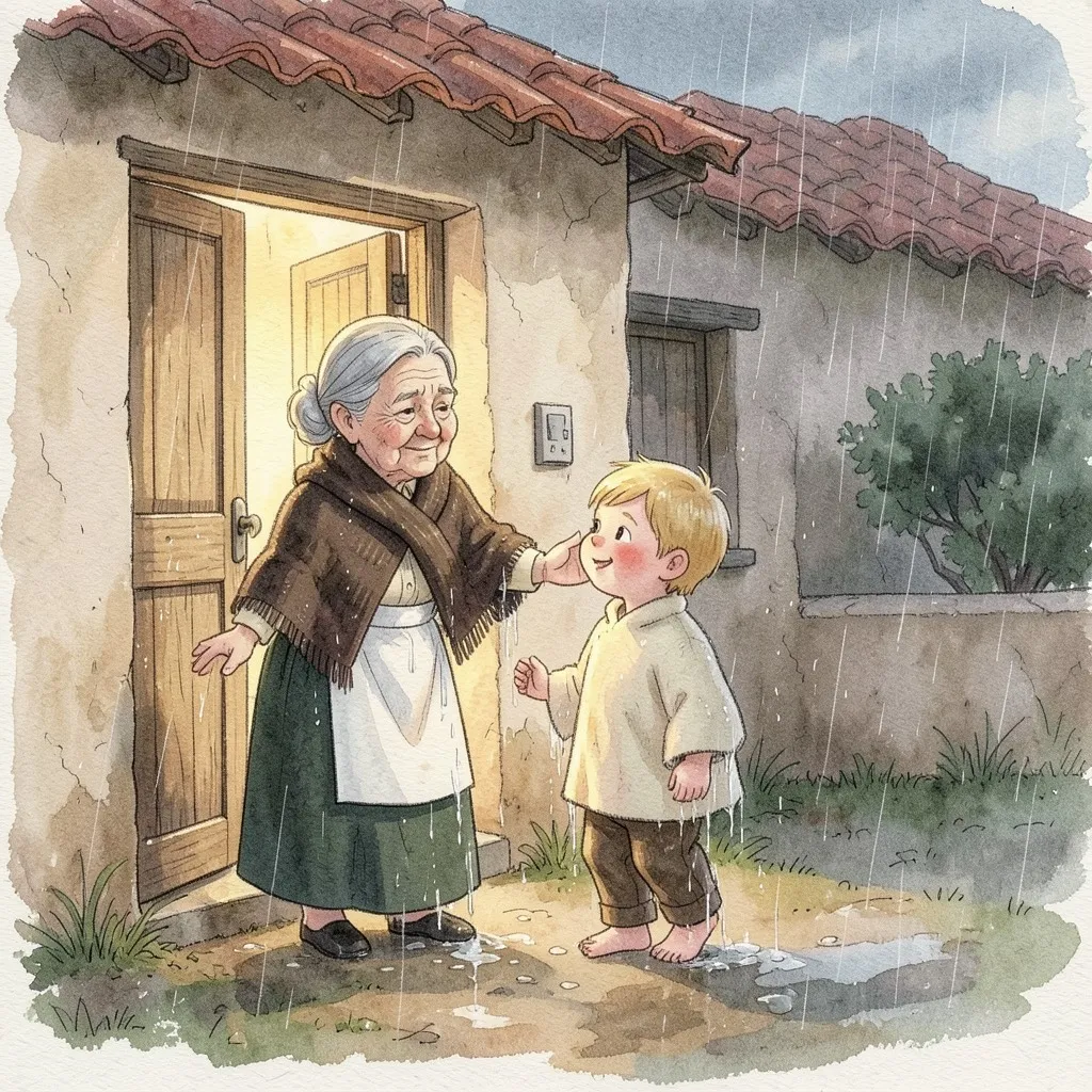 Bajo la lluvia, el niño empapado llega a la puerta de una casona de adobe y teja; Mamá Chica abre y lo recibe con los brazos abiertos.