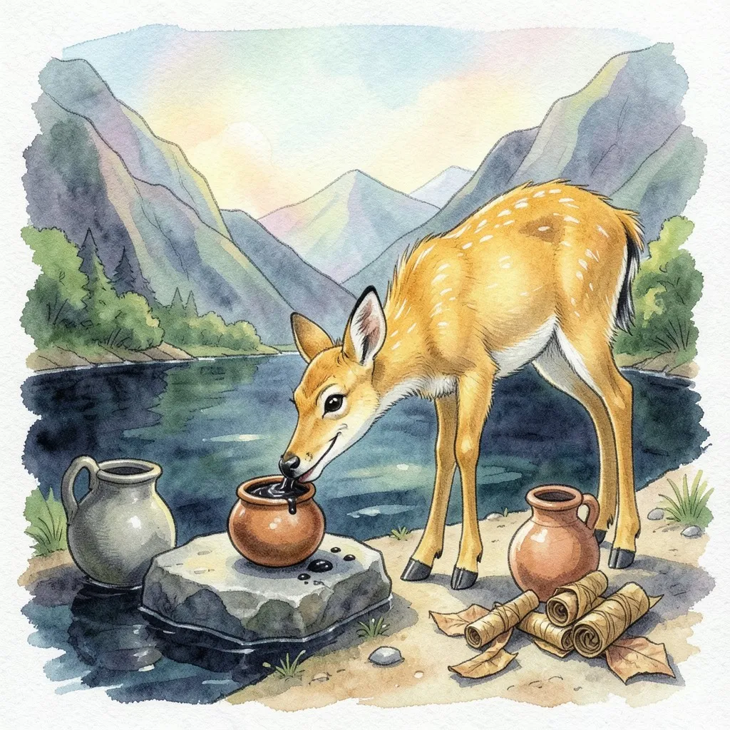Un venado dorado, con cara de travieso, lame el chimó de la tapara que quedó en la piedra junto al tabaco y las jarritas.