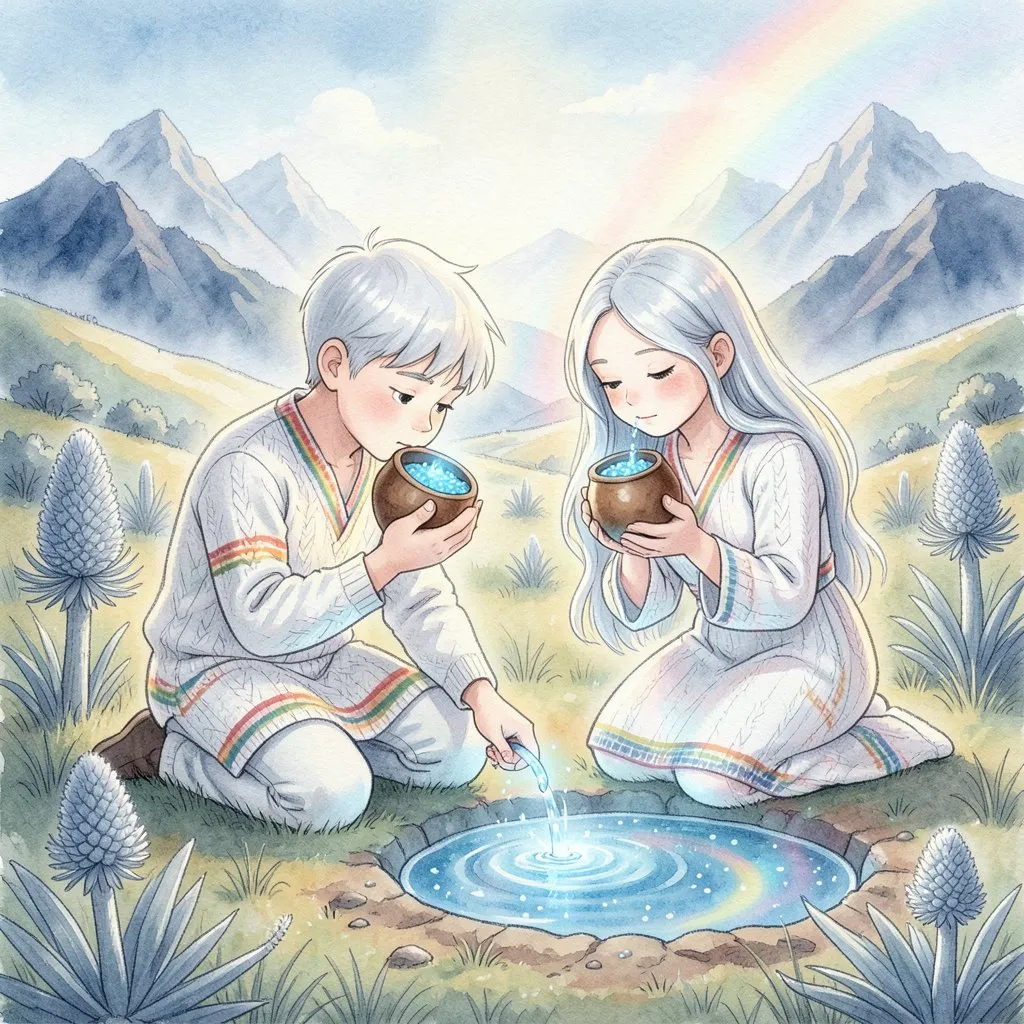 Arca siembra una semilla de agua en el páramo y de la tierra brota una pequeña laguna, mientras Arco bebe agua de sus manos.