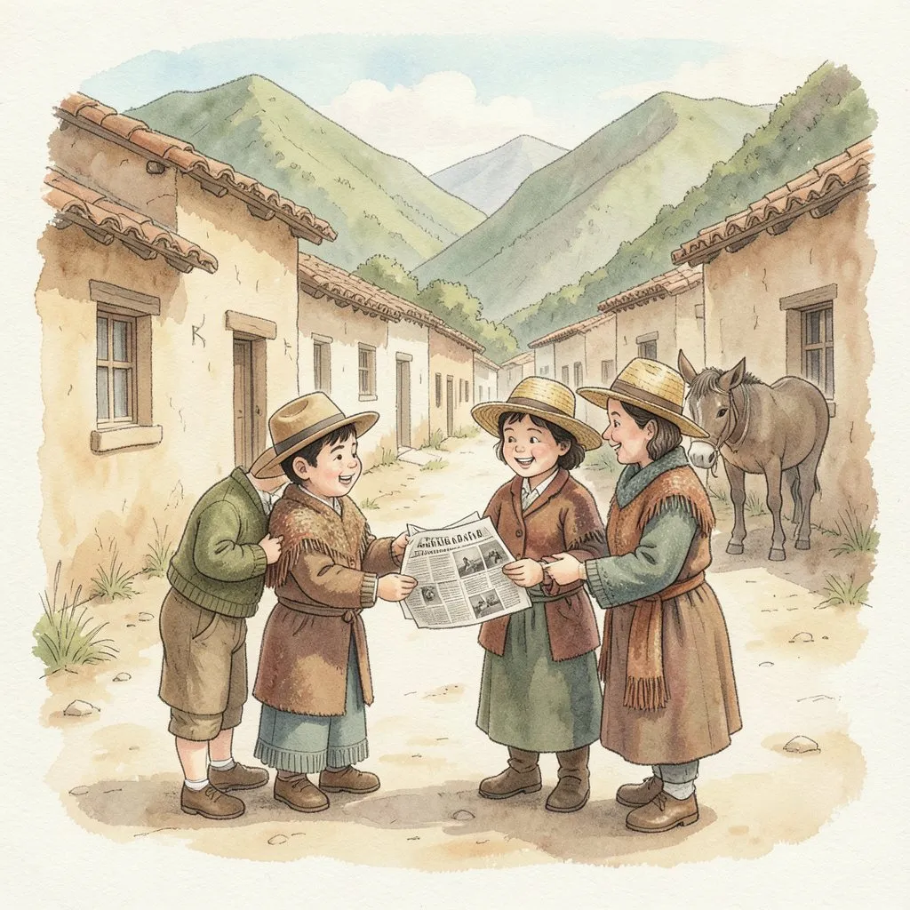 En una calle de tierra, niños y campesinos con sombrero leen el periódico juntos.
