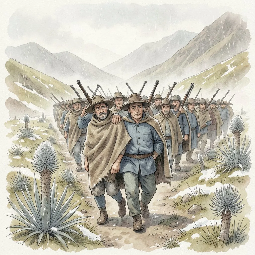 Soldados patriotas con ponchos cruzan a pie el páramo bajo lluvia fría y nieve; uno, cansado y envuelto en una manta, se apoya en el hombro de un compañero.
