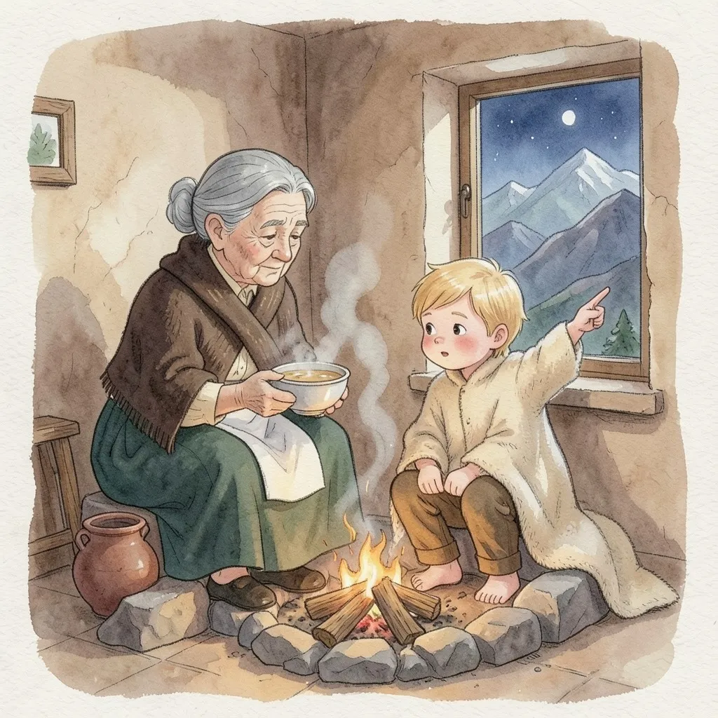 De noche, junto al fogón de barro y piedras, Mamá Chica le da una taza de sopa al niño, que señala hacia la ventana y las montañas.