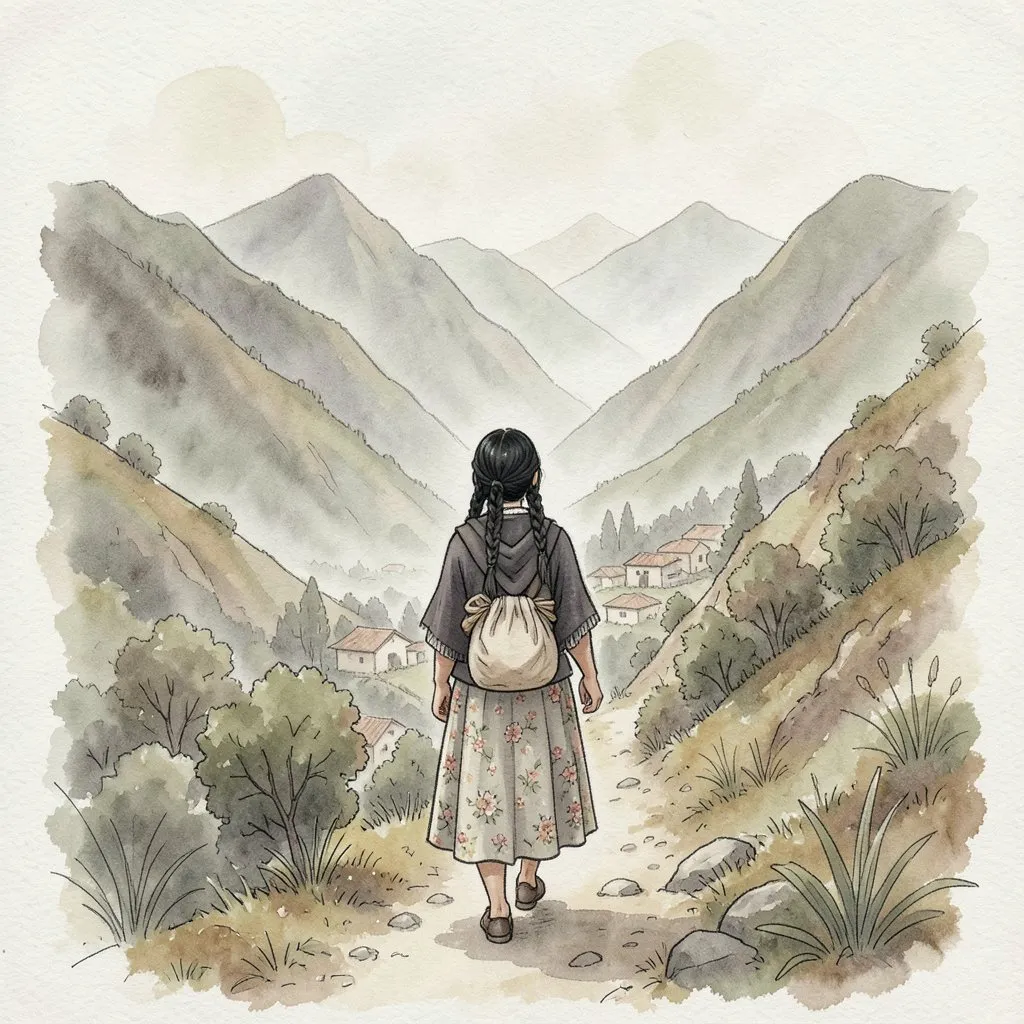 De espaldas, la mujer sube sola por un camino de montaña con un bulto a la espalda, alejándose del pueblo.