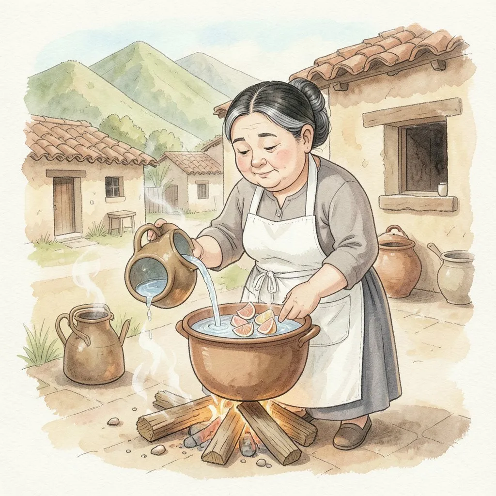 Doña Carmen, con delantal, cocina en una olla sobre el fogón de leña y vierte agua limpia de una jarra.