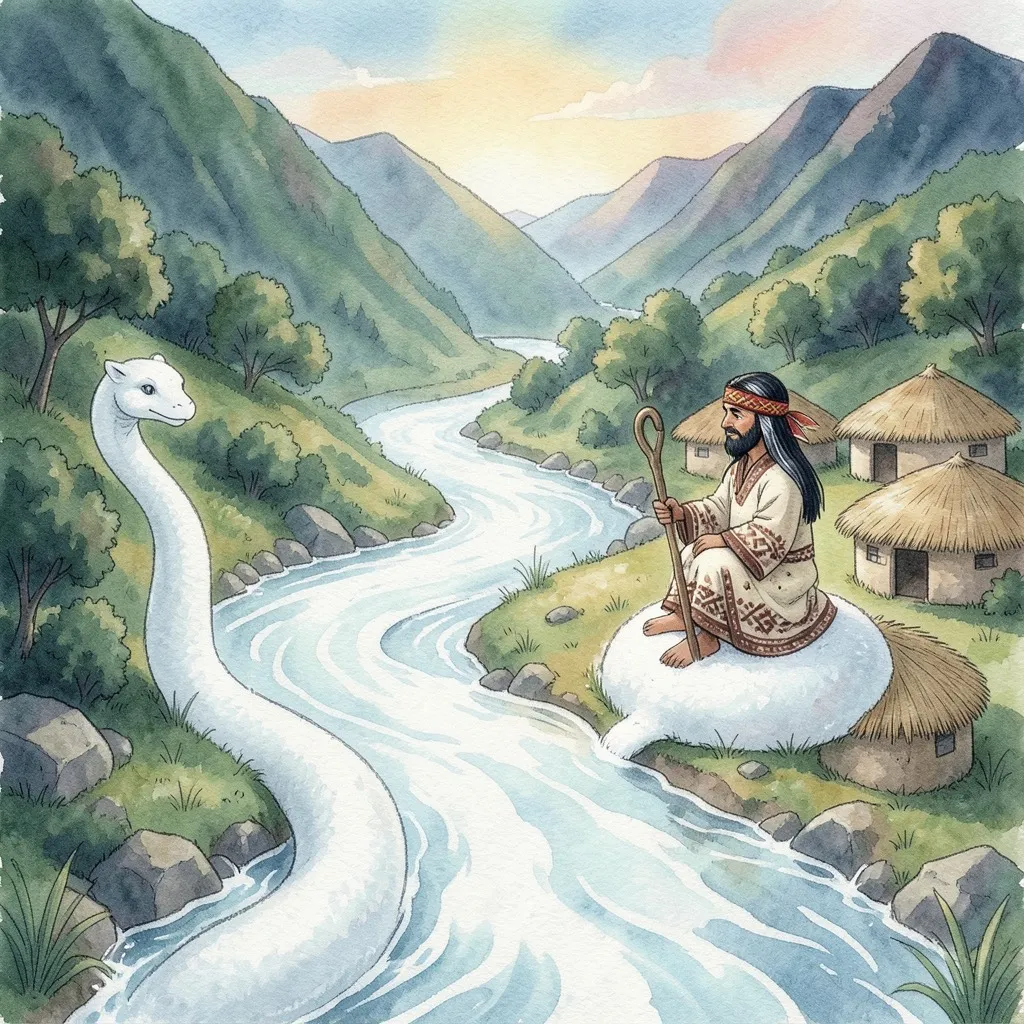 Stimots viaja sentado sobre la espuma blanca de la Gran Serpiente, que es un río; en la orilla hay un pueblo de bohíos.
