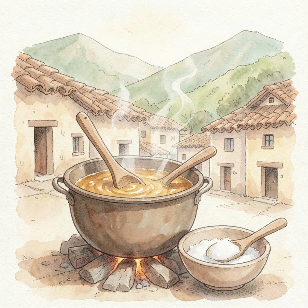 Una olla grande sobre el fuego con una mezcla dorada y una cuchara de palo; al lado, un tazón de azúcar.