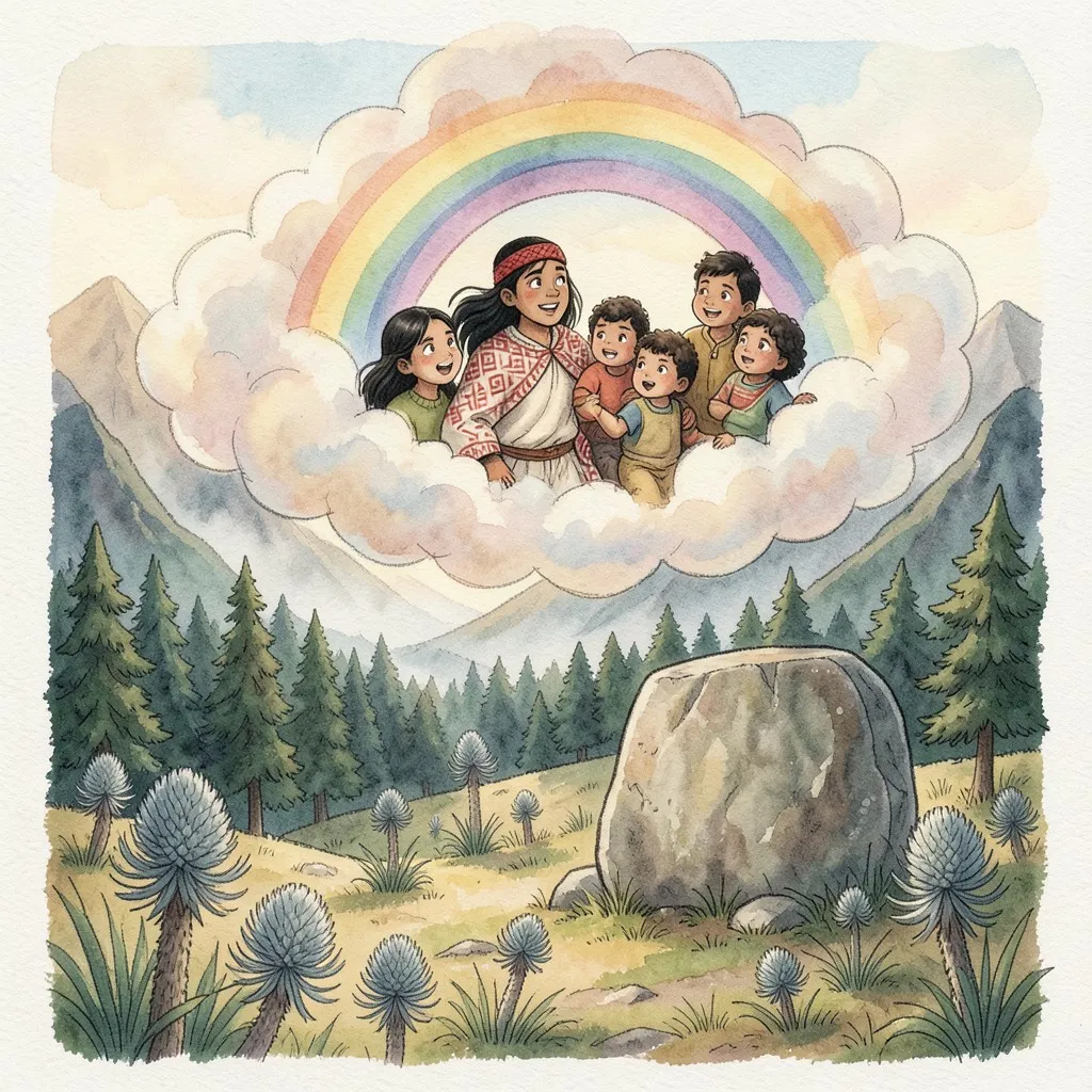 Una gran nube de colores con un arco iris lleva a Muscaguaní y sus compañeros, asombrados, hacia el páramo, donde está la Piedra Sagrada.