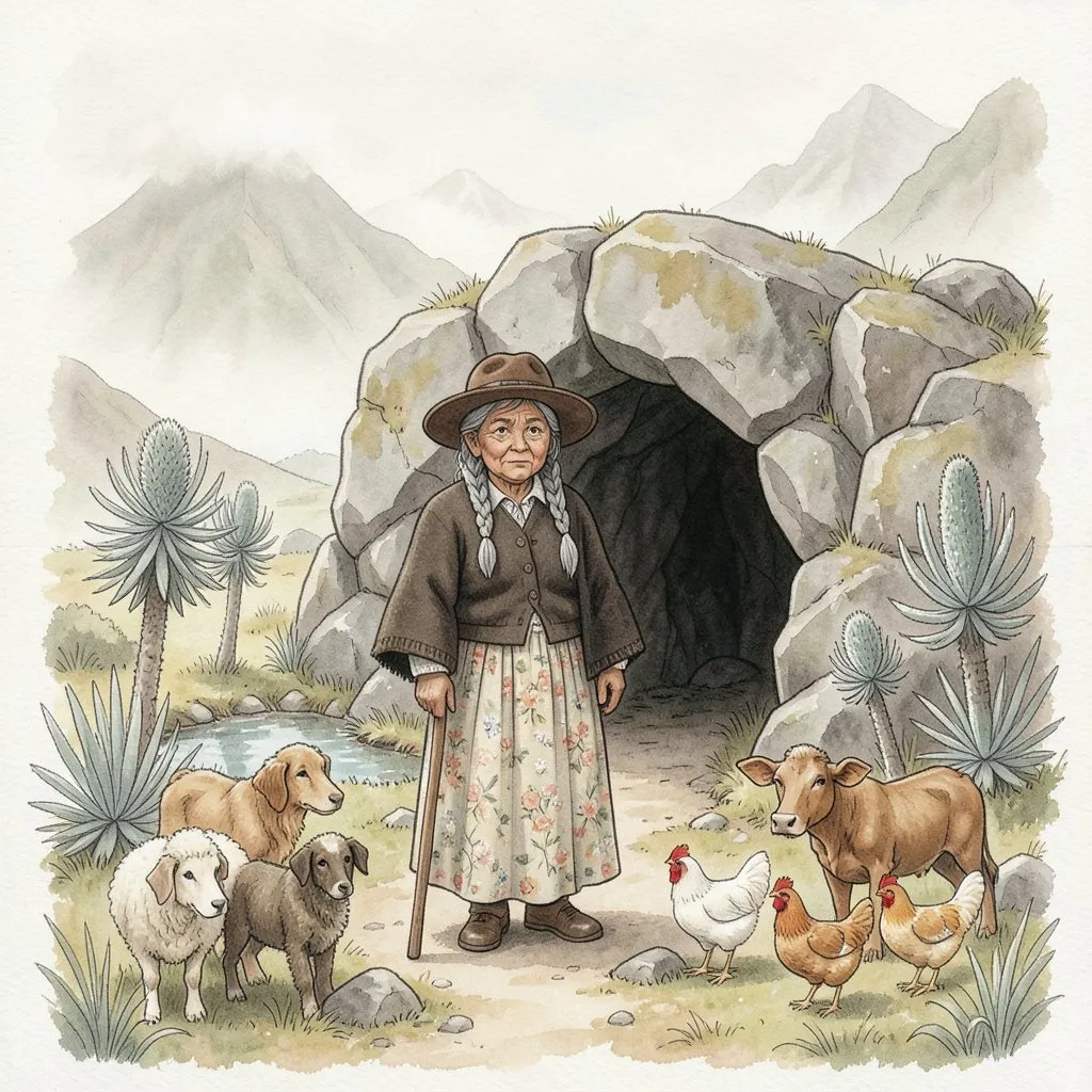 La Laca, con sombrero, ruana y bastón, frente a su cueva en el páramo, rodeada de perros, ovejas, una vaca y gallinas.