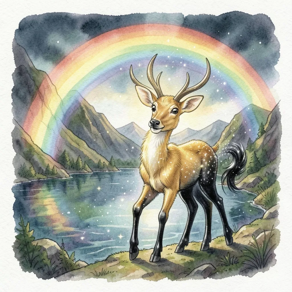 Junto a una laguna, un arco iris envuelve a un venado dorado y su pelaje se vuelve negro brillante, empezando por la cola.