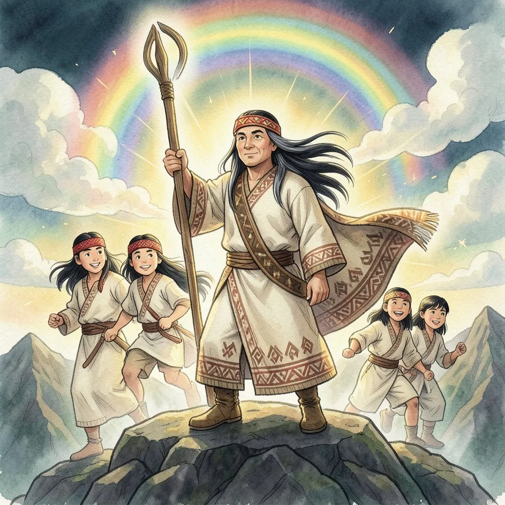 En lo más alto del páramo, Stimots levanta su bastón entre un aura de arco iris, rodeado de sus jóvenes guerreros, al amanecer.