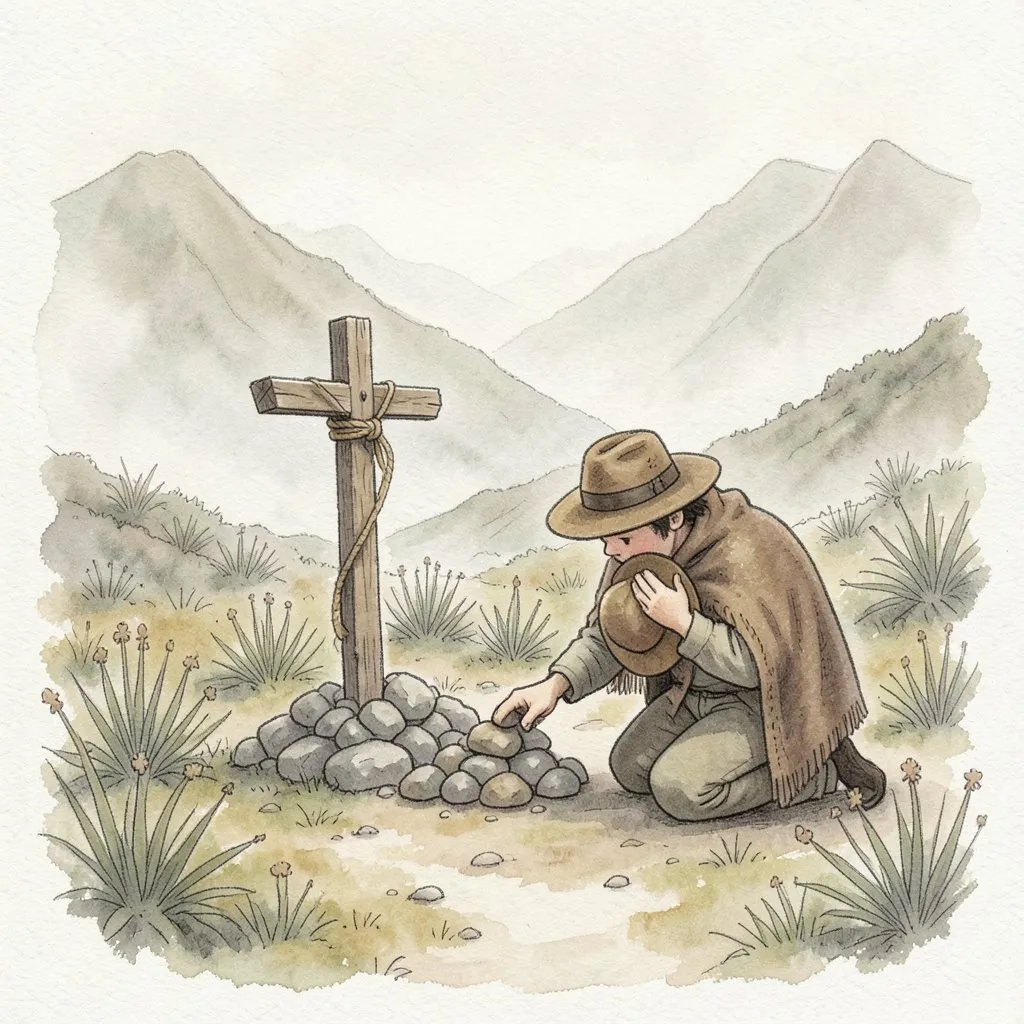 Un viajero con poncho y su mula deja una piedra al pie de una pequeña cruz de palo en el páramo.