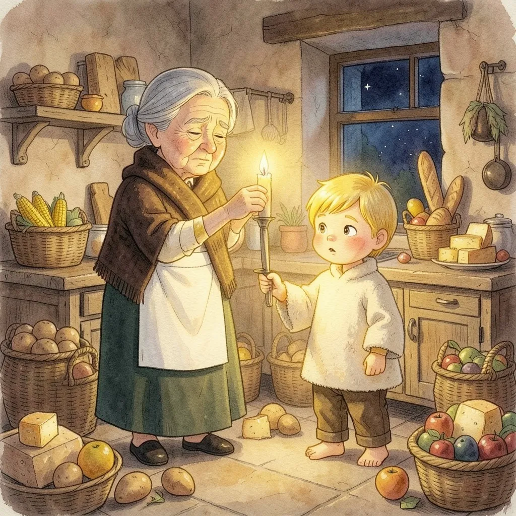 En una cocina antigua llena de papas, maíz, pan y frutas, Mamá Chica enciende una vela y el niño rubio brilla con una luz dorada.